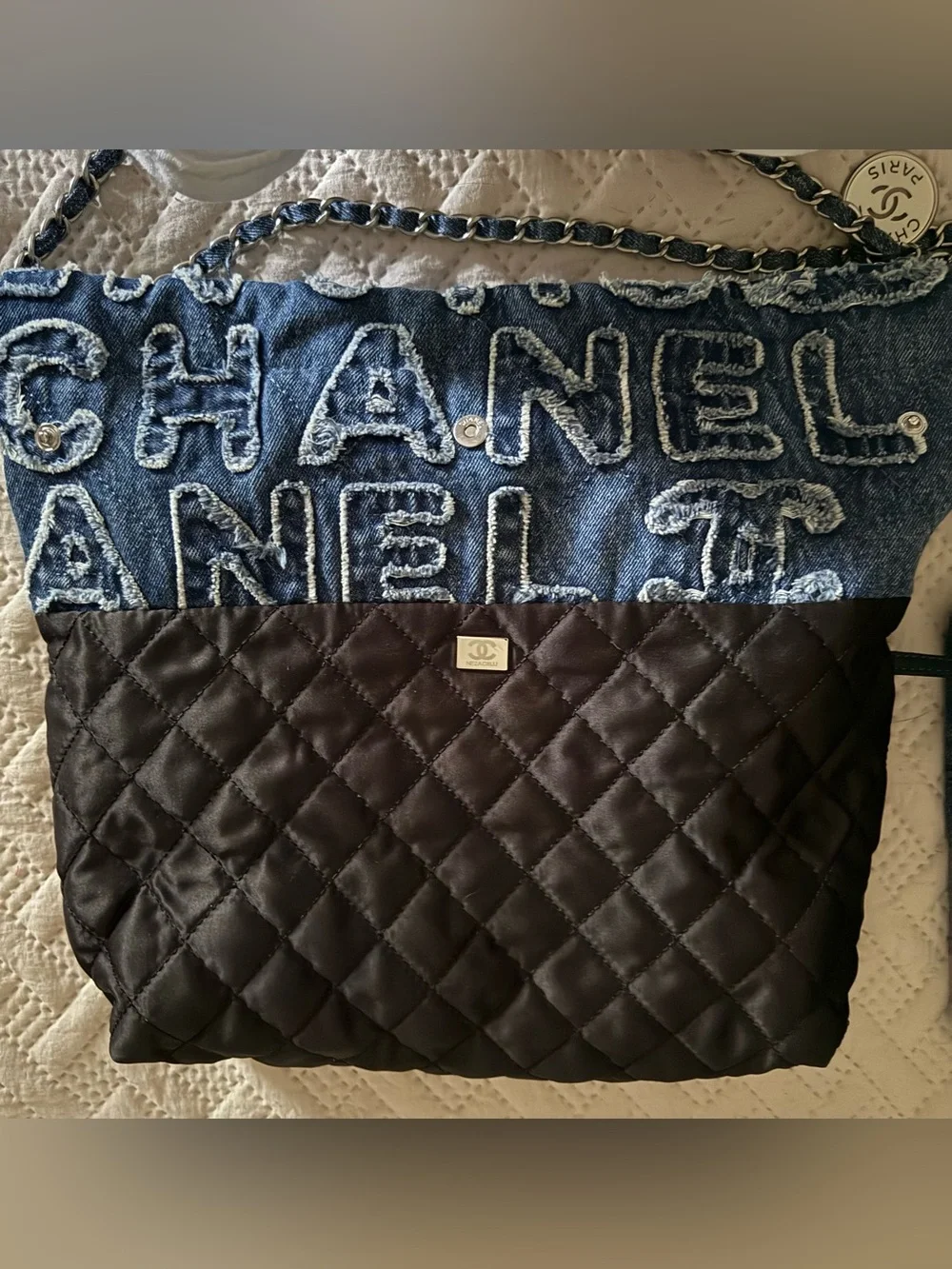 Denim Logo-Embroidered Navy Shoulder Hobo